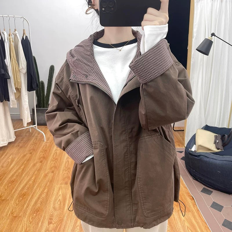 Autumn design sense large pocket pure cotton loose jacket women's assault jacket 2025 new hooded loose jacket