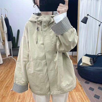 Autumn design sense large pocket pure cotton loose jacket women's assault jacket 2025 new hooded loose jacket