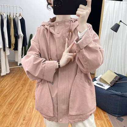 Spring Stand Collar Cotton Loose Jacket Women's Hooded Jacket 2024 New Korean Slim Tops All-match Jacket
