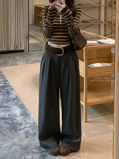 Kumikumi's relaxed style high-waisted loose-fitting suit pants for women, perfect for autumn and winter, slimming, casual, wide-leg, floor-length.