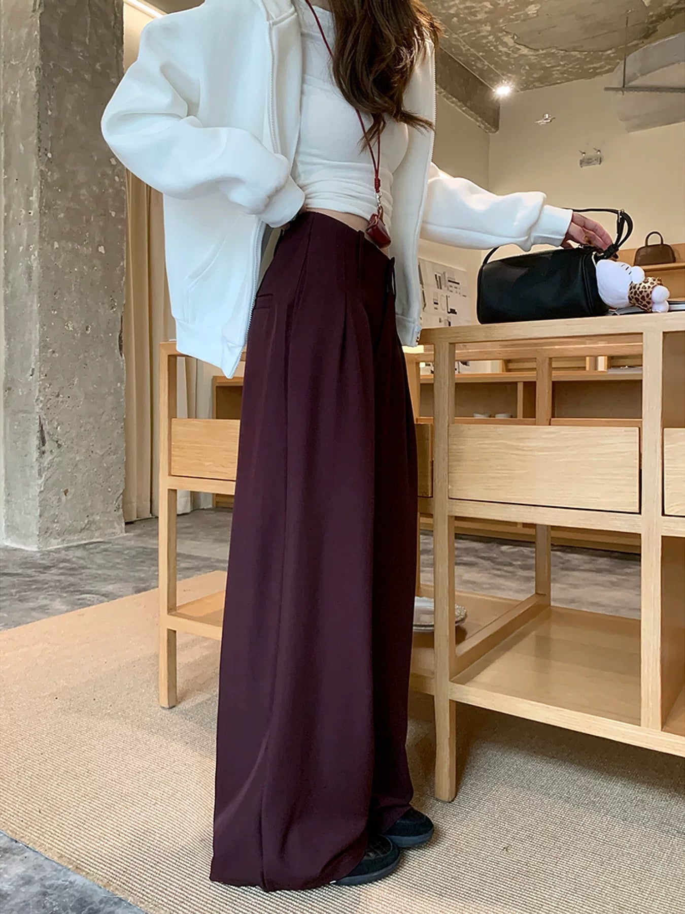 Kumikumi's relaxed style high-waisted loose-fitting suit pants for women, perfect for autumn and winter, slimming, casual, wide-leg, floor-length.