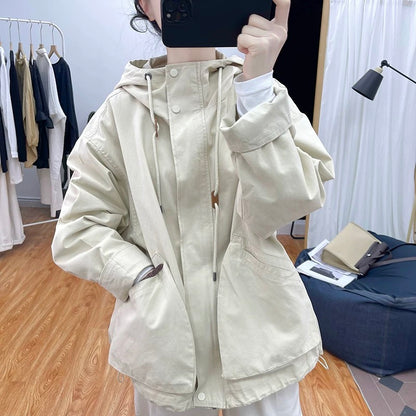 Spring Stand Collar Cotton Loose Jacket Women's Hooded Jacket 2024 New Korean Slim Tops All-match Jacket