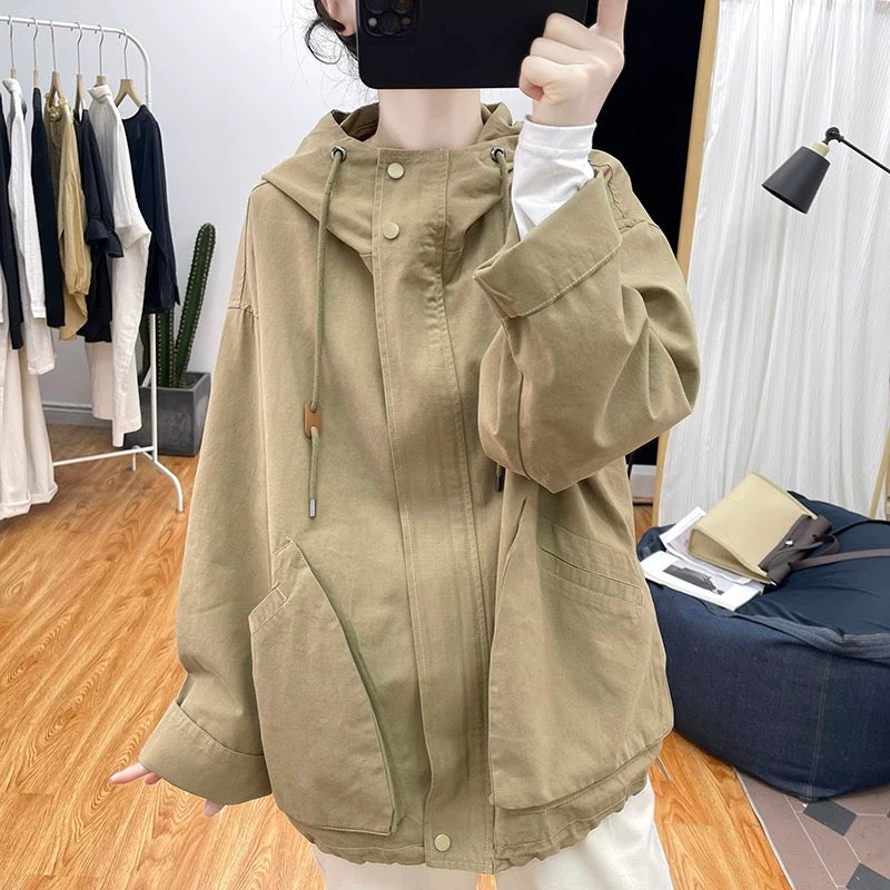 Spring Stand Collar Cotton Loose Jacket Women's Hooded Jacket 2024 New Korean Slim Tops All-match Jacket