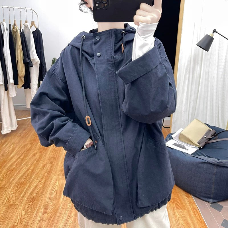 Spring Stand Collar Cotton Loose Jacket Women's Hooded Jacket 2024 New Korean Slim Tops All-match Jacket