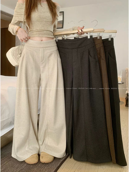 PPHOME Women's Stylish Pants with Stitched Woolen Fabric, Fleece Lined, Thickened, High-Waisted, Wide-Leg Pants