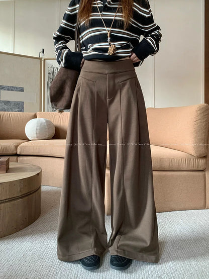 PPHOME Women's Stylish Pants with Stitched Woolen Fabric, Fleece Lined, Thickened, High-Waisted, Wide-Leg Pants