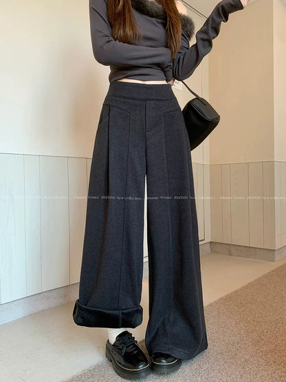 PPHOME Women's Stylish Pants with Stitched Woolen Fabric, Fleece Lined, Thickened, High-Waisted, Wide-Leg Pants