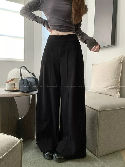 PPHOME Women's Stylish Pants with Stitched Woolen Fabric, Fleece Lined, Thickened, High-Waisted, Wide-Leg Pants