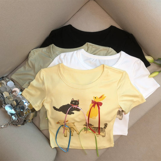 Jade Closet direct store recommendation ~ Pure desire style cute animal cartoon with chest pad short-sleeved shirt top for women
