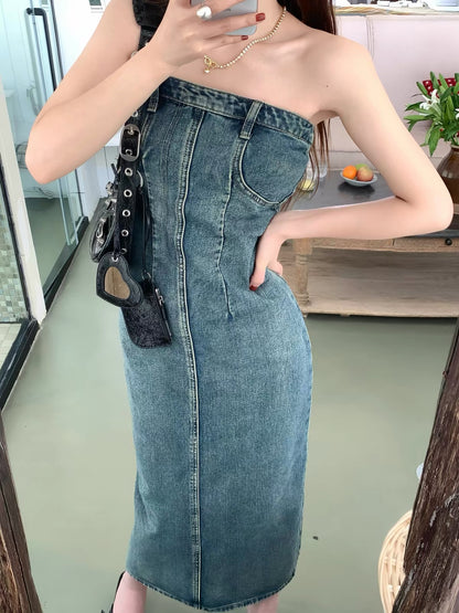 SYA Xi Xiaoxi Women's Retro Blue Strapless Denim A-Line Maxi Dress – New Slim-Fit Autumn Style
