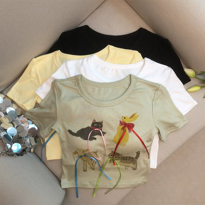 Jade Closet direct store recommendation ~ Pure desire style cute animal cartoon with chest pad short-sleeved shirt top for women