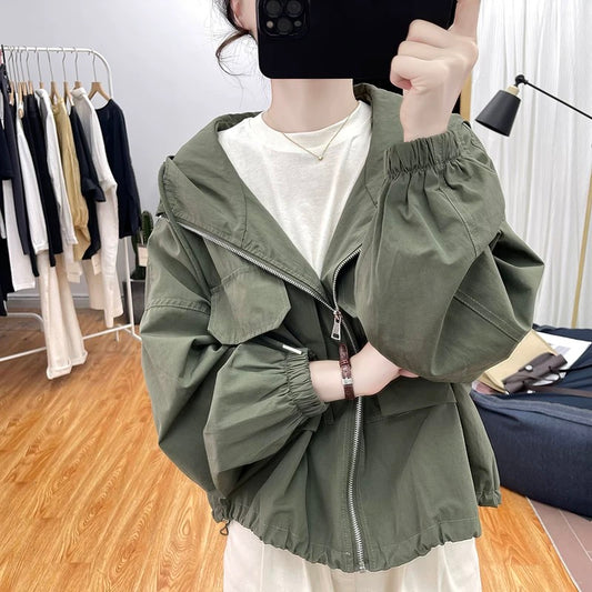 Autumn retro loose large pocket jacket for women Korean design top hooded coat 2024 new jacket