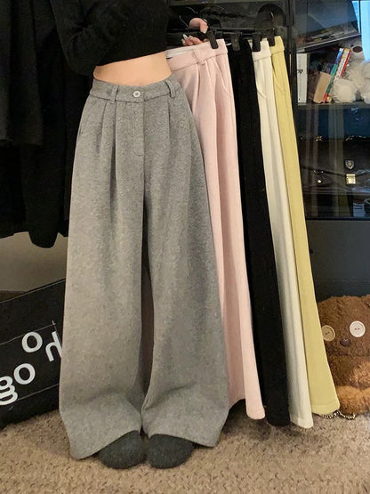 PPHOME Fleece-Lined Thickened Wool Suit Pants for Women, Autumn and Winter, High-Waisted Straight Leg Wide-Leg Casual Pants, Gray Floor-Length Pants