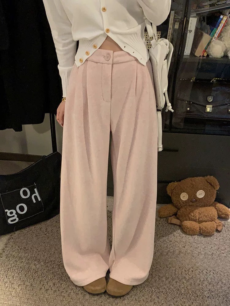 PPHOME Fleece-Lined Thickened Wool Suit Pants for Women, Autumn and Winter, High-Waisted Straight Leg Wide-Leg Casual Pants, Gray Floor-Length Pants