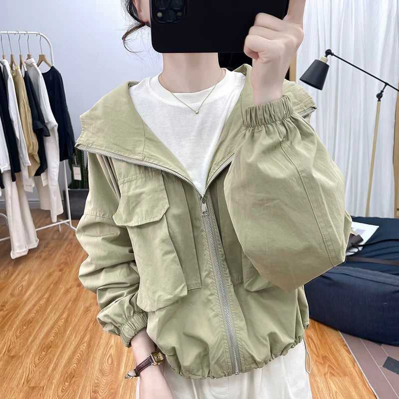 Autumn retro loose large pocket jacket for women Korean design top hooded coat 2024 new jacket