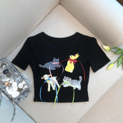 Jade Closet direct store recommendation ~ Pure desire style cute animal cartoon with chest pad short-sleeved shirt top for women