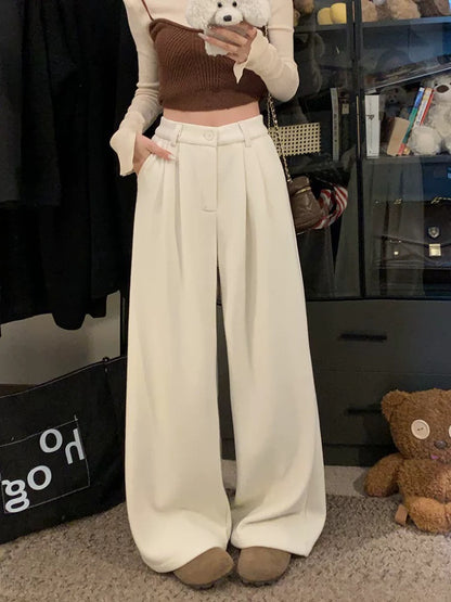 PPHOME Fleece-Lined Thickened Wool Suit Pants for Women, Autumn and Winter, High-Waisted Straight Leg Wide-Leg Casual Pants, Gray Floor-Length Pants