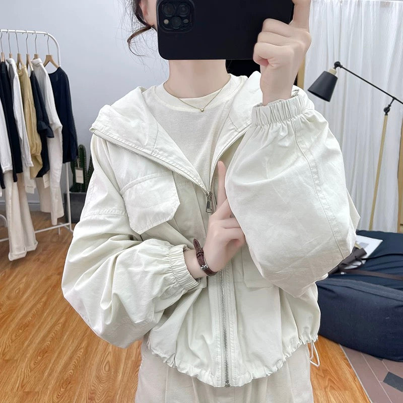 Autumn retro loose large pocket jacket for women Korean design top hooded coat 2024 new jacket