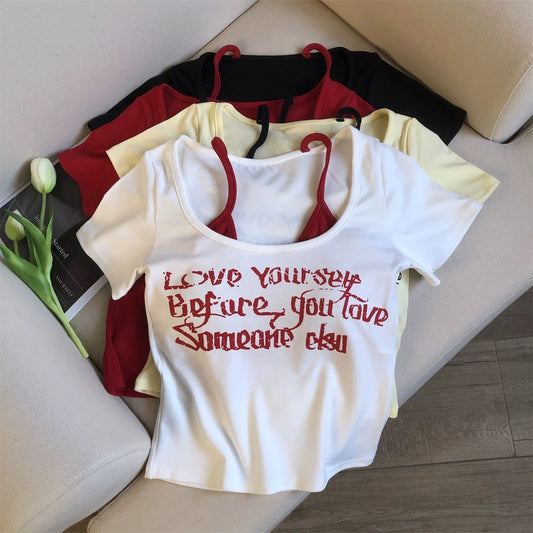 Jade Closet direct store recommendation ~ Medela pure desire style hot girl with breast pad fake two-piece short-sleeved shirt for women