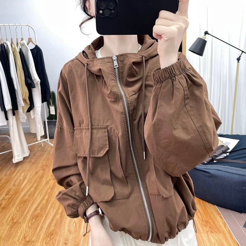 Autumn retro loose large pocket jacket for women Korean design top hooded coat 2024 new jacket