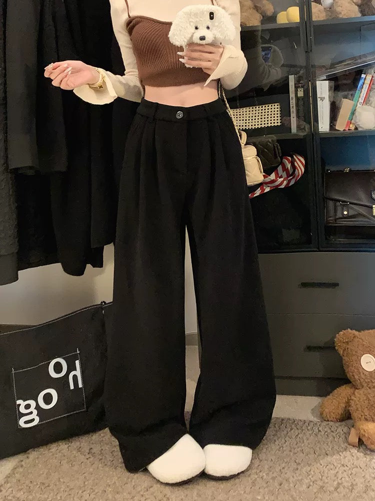 PPHOME Fleece-Lined Thickened Wool Suit Pants for Women, Autumn and Winter, High-Waisted Straight Leg Wide-Leg Casual Pants, Gray Floor-Length Pants
