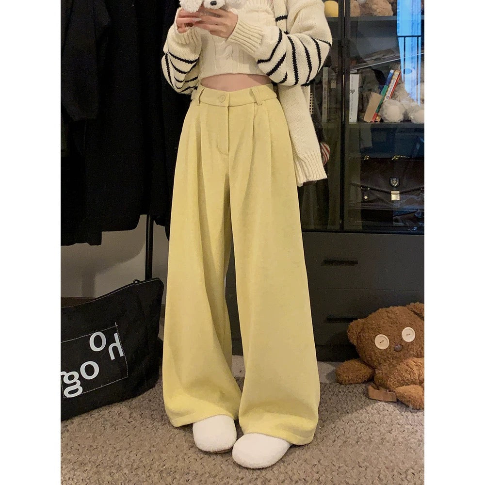 PPHOME Fleece-Lined Thickened Wool Suit Pants for Women, Autumn and Winter, High-Waisted Straight Leg Wide-Leg Casual Pants, Gray Floor-Length Pants