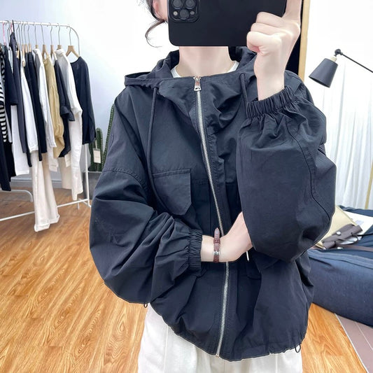 Spring and Autumn boutique loose jacket women's stand collar cotton jacket 2025 Korean casual hooded top versatile jacket