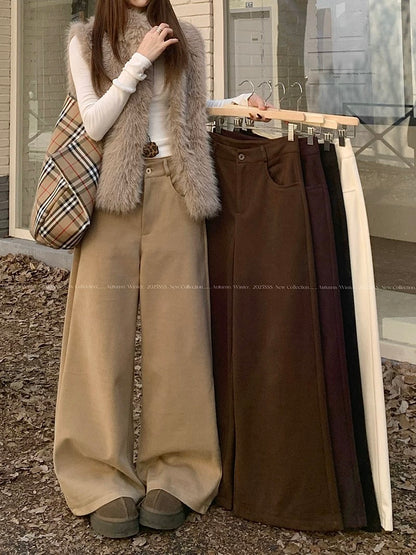 PPHOME Retro Khaki Woolen Casual Pants Women's Autumn and Winter Suit Pants High Waist Loose Wide Leg Pants Straight Leg Long Pants