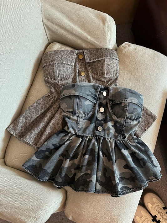 Jade Closet direct store recommendation ~ High-end pure desire style with chest pad camouflage tube top denim short vest for women