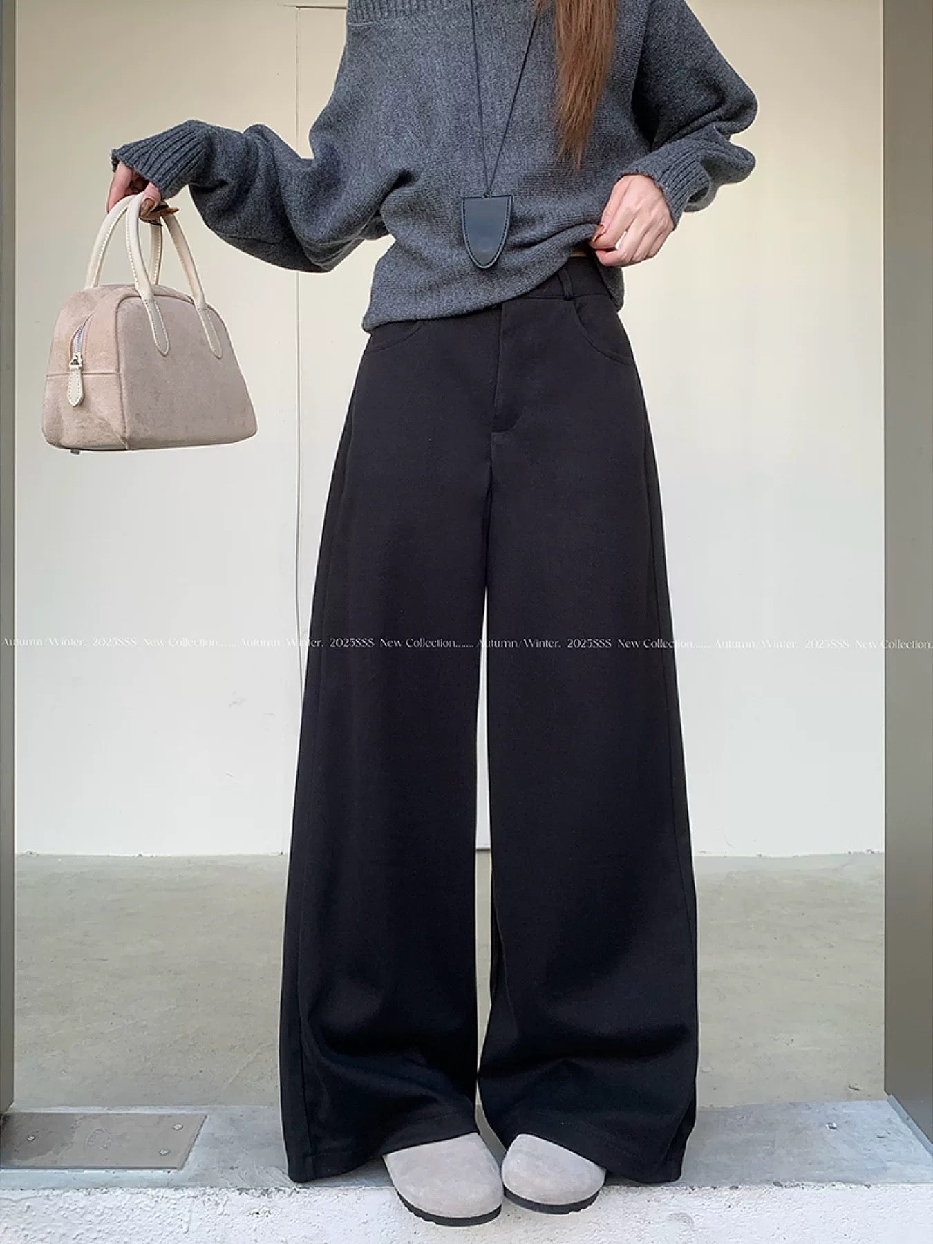PPHOME Retro Khaki Woolen Casual Pants Women's Autumn and Winter Suit Pants High Waist Loose Wide Leg Pants Straight Leg Long Pants
