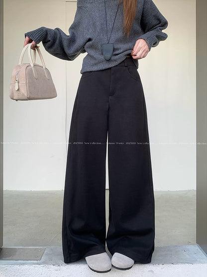 PPHOME Retro Khaki Woolen Casual Pants Women's Autumn and Winter Suit Pants High Waist Loose Wide Leg Pants Straight Leg Long Pants