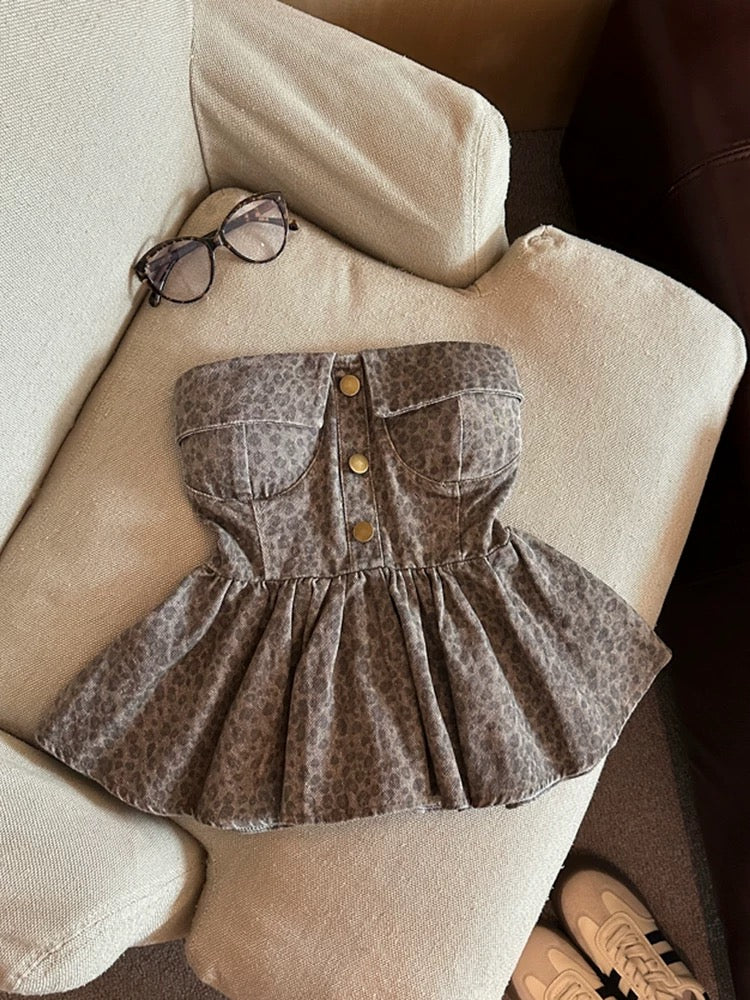 Jade Closet direct store recommendation ~ High-end pure desire style with chest pad camouflage tube top denim short vest for women