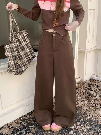 PPHOME Retro Khaki Woolen Casual Pants Women's Autumn and Winter Suit Pants High Waist Loose Wide Leg Pants Straight Leg Long Pants