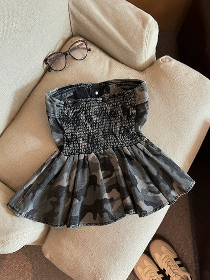 Jade Closet direct store recommendation ~ High-end pure desire style with chest pad camouflage tube top denim short vest for women
