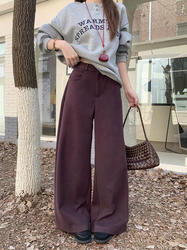PPHOME Retro Khaki Woolen Casual Pants Women's Autumn and Winter Suit Pants High Waist Loose Wide Leg Pants Straight Leg Long Pants