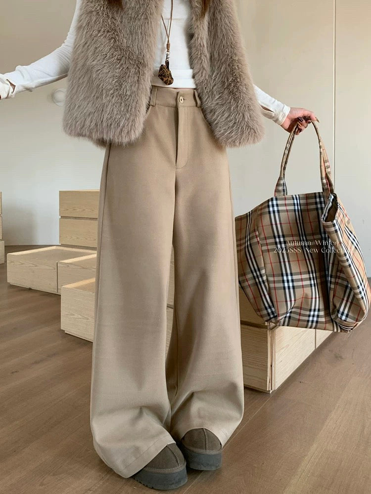 PPHOME Retro Khaki Woolen Casual Pants Women's Autumn and Winter Suit Pants High Waist Loose Wide Leg Pants Straight Leg Long Pants