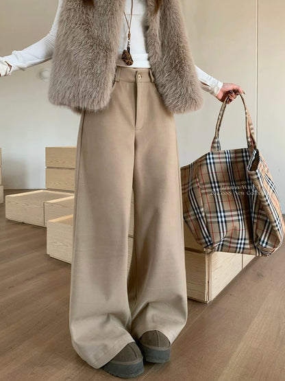 PPHOME Retro Khaki Woolen Casual Pants Women's Autumn and Winter Suit Pants High Waist Loose Wide Leg Pants Straight Leg Long Pants