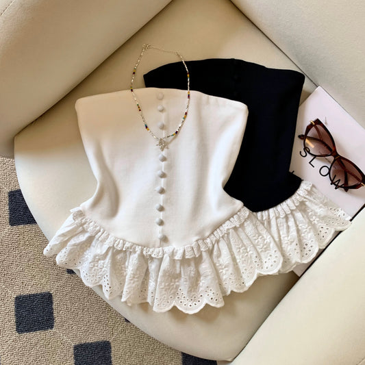 Jade Closet direct store recommendation ~ sweet hot girl one-shoulder exposed clavicle lace splicing tube top vest blouse