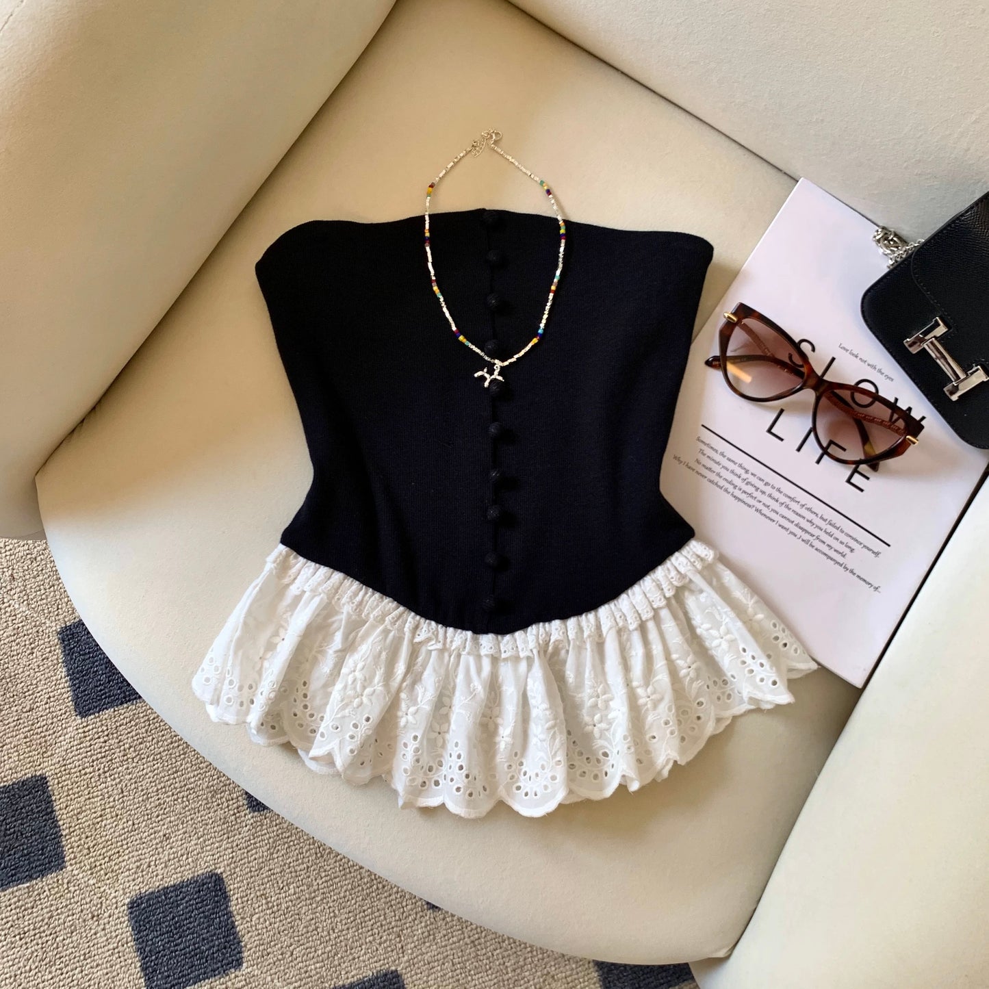Jade Closet direct store recommendation ~ sweet hot girl one-shoulder exposed clavicle lace splicing tube top vest blouse