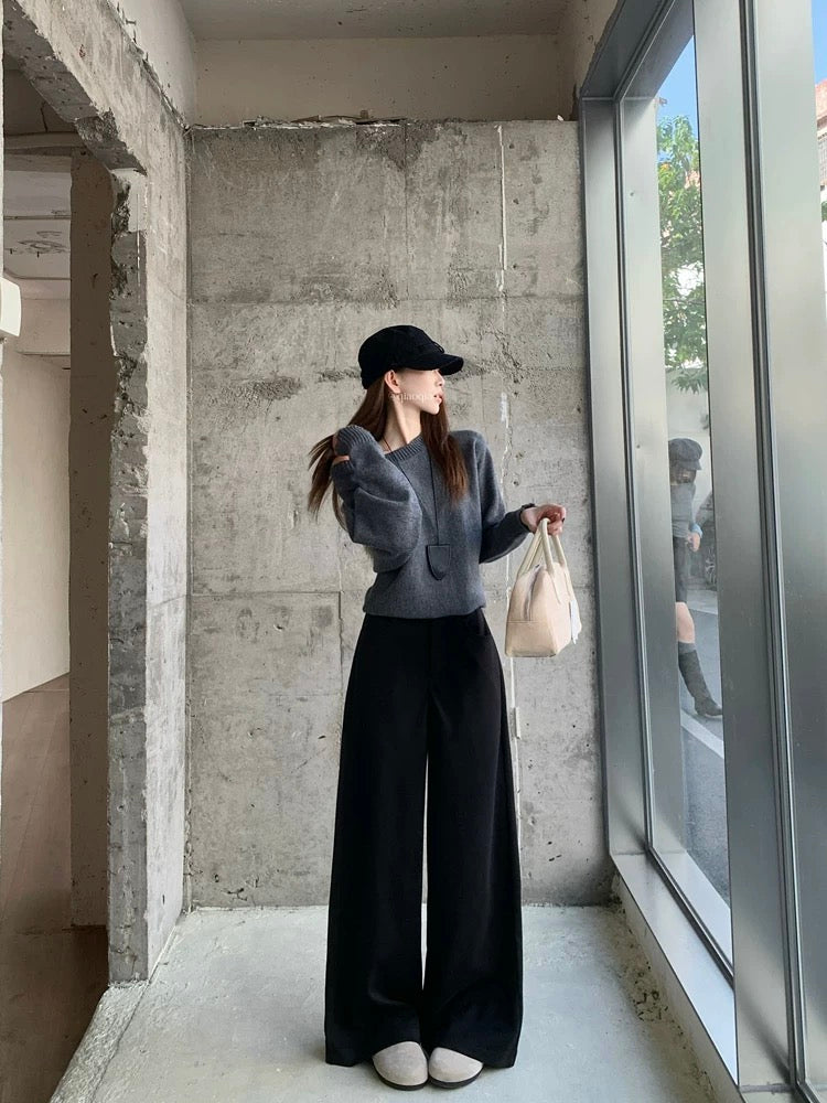 PPHOME Retro Khaki Woolen Casual Pants Women's Autumn and Winter Suit Pants High Waist Loose Wide Leg Pants Straight Leg Long Pants
