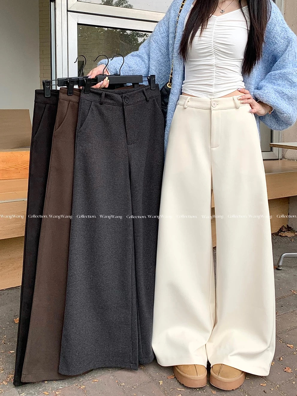 Women's wool suit trousers, high-waisted, loose-fitting casual trousers, versatile gray wide-leg trousers, brown floor-length trousers, perfect for autumn and winter.