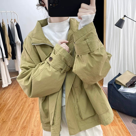 Winter Korean style quilted thickened jacket women's fashion short windbreaker 2023 retro loose stand collar large pocket top