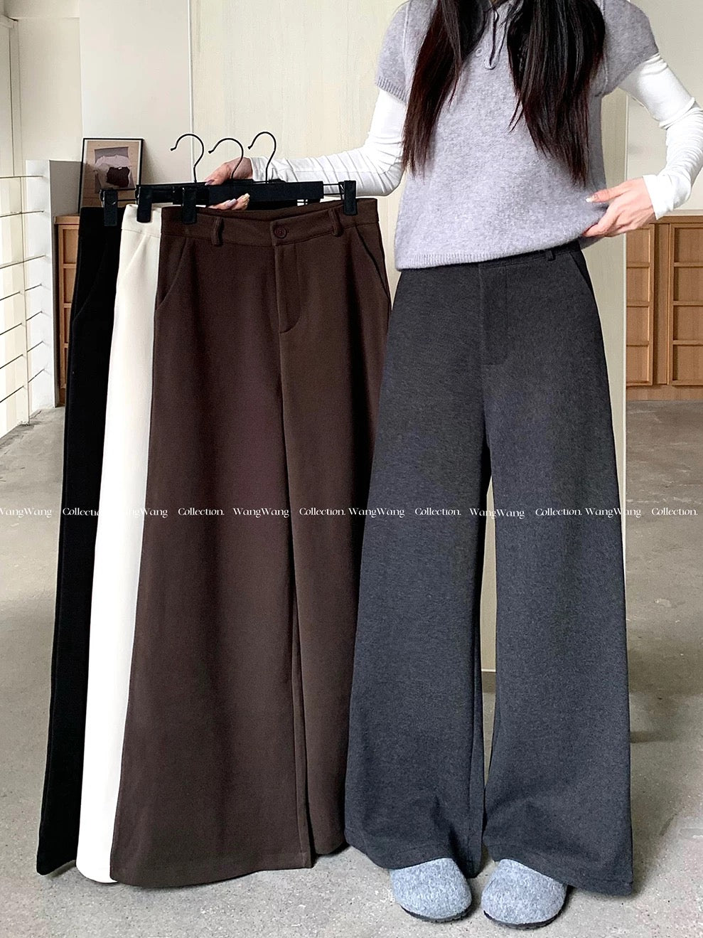 Women's wool suit trousers, high-waisted, loose-fitting casual trousers, versatile gray wide-leg trousers, brown floor-length trousers, perfect for autumn and winter.