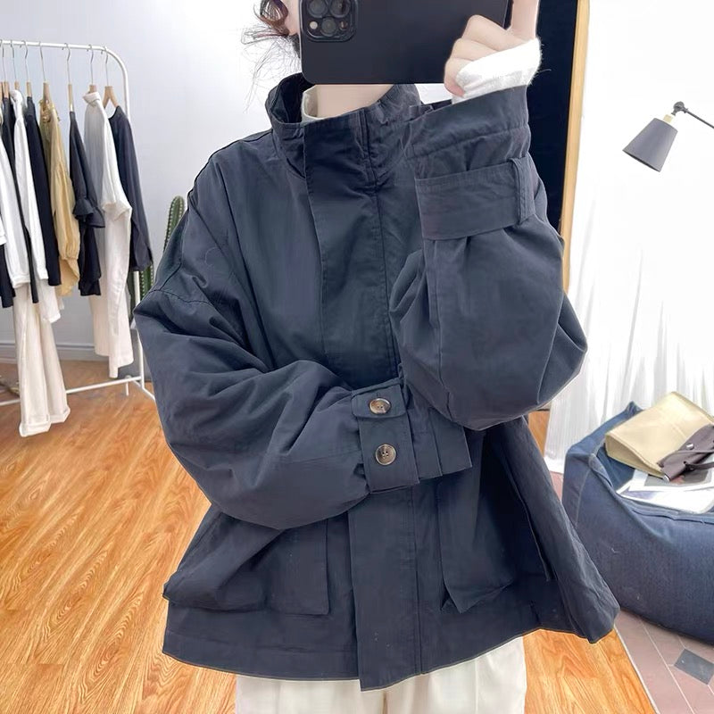 Winter Korean style quilted thickened jacket women's fashion short windbreaker 2023 retro loose stand collar large pocket top