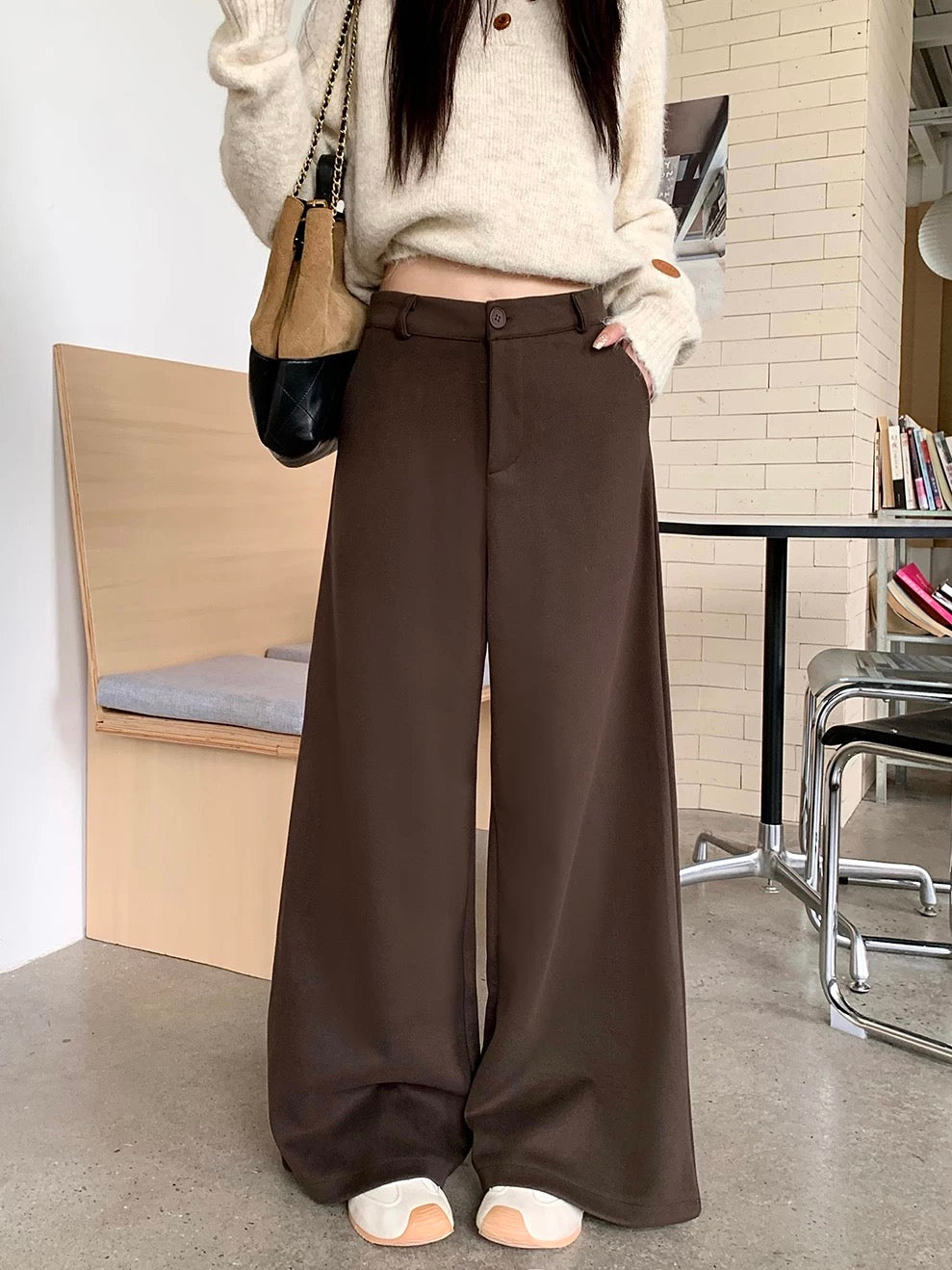 Women's wool suit trousers, high-waisted, loose-fitting casual trousers, versatile gray wide-leg trousers, brown floor-length trousers, perfect for autumn and winter.