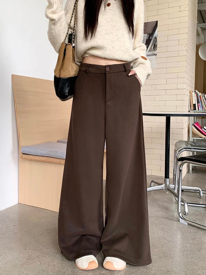 Women's wool suit trousers, high-waisted, loose-fitting casual trousers, versatile gray wide-leg trousers, brown floor-length trousers, perfect for autumn and winter.