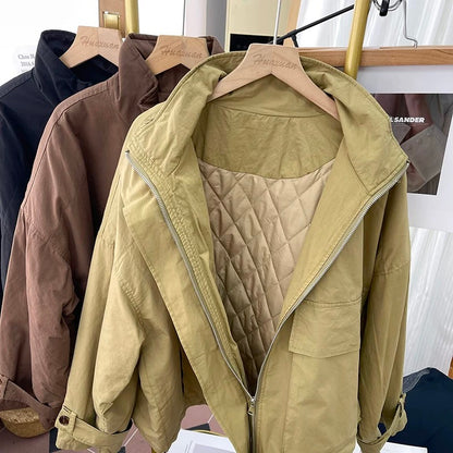 Winter Korean style quilted thickened jacket women's fashion short windbreaker 2023 retro loose stand collar large pocket top
