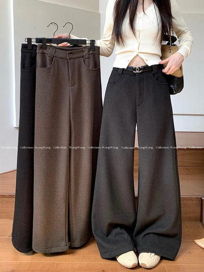 Grey fleece-lined wool suit pants, brown casual straight-leg pants, women's winter high-waisted slimming wide-leg pants, floor-length pants
