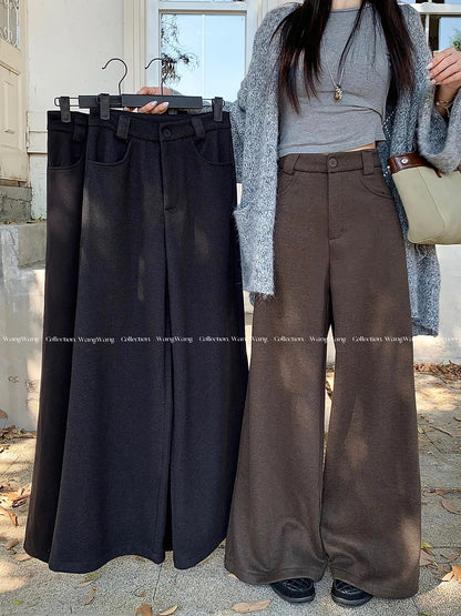 Grey fleece-lined wool suit pants, brown casual straight-leg pants, women's winter high-waisted slimming wide-leg pants, floor-length pants