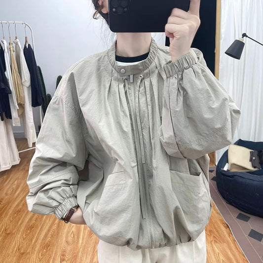 Autumn retro small stand collar lantern sleeve jacket women's age-reducing tops 2025 new Korean loose large pocket jacket